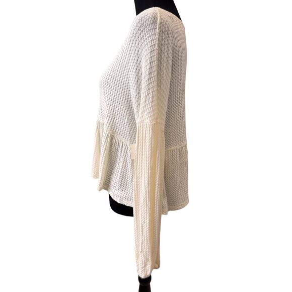 NEW LUSH NORDSTROM Cream Long Sleeve Waffle Knit Babydoll Top Size M - Picture 4 of 7